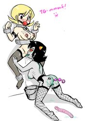 2girls :x anal_beads ball_gag black_hair blonde_hair blush bondage breasts bucket crablouse cunnilingus dildo female gag grey_skin homestuck horns ms_paint_adventures multiple_girls naked nipple_chain nipples oral pussy pussy_juice restrained roxy_lalonde sharp_teeth short_hair stockings tattoo terezi_pyrope text tongue_out troll webcomic white_background white_skin yuri