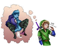 1boy 1girls cum cum_drinking cumming female fi link male mrmayhemm oddrich pussy skyward_sword text the_legend_of_zelda thighhighs