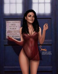 1girls actress celebrity dark-skinned_female dark_skin doctor_who female female_only freema_agyeman human human_only lingerie martha_jones medium_breasts real_person sassafras see-through tardis thighs