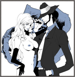 00s 1boy 1girls breasts brown_eyes brown_hair curvaceous daisuke_jigen female human large_breasts light-skinned_female light_skin long_hair lupin_iii male mine_fujiko nipples tagme white_background