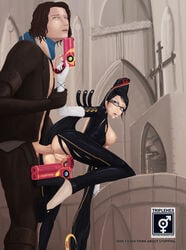 1boy 1girls anal bayonetta bayonetta_(character) black_hair breasts clothed_sex clothing female from_behind glasses human lollipop long_hair luka male open_mouth penetration penis pussy sega sex spread_legs straight triplehex