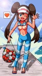 blue_eyes breasts brown_hair cosplay female female_only fishnet gym_leader_(cosplay) highres human nipples poke_ball pokemon pokemon_bw2 rorretsim rosa_(pokemon) sandals shizui solo sunburn tan topless