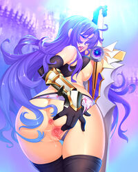 anus ass breasts elbow_gloves female gloves highres long_hair looking_back lucknight nipples open_mouth original panties panties_aside purple_hair pussy pussy_juice saliva shirt_lift sideboob solo spread_anus spread_pussy spreading standing sword thighhighs uncensored underwear very_long_hair weapon