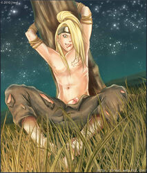 1boy 2010 akatsuki_(naruto) beige_skin clothes color deidara front_view human ireal70 male male_only naruto night outdoors solo topless uncensored yaoi