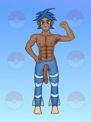 abs armpit_hair blue_hair clothes color human male male_only marlon_(pokemon) nude penis pokemon solo standing tagme testicles topless