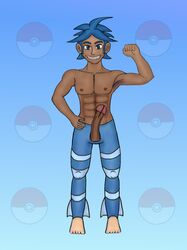 abs armpit_hair blue_hair clothes color human male male_only marlon_(pokemon) nude penis pokemon solo standing tagme testicles topless