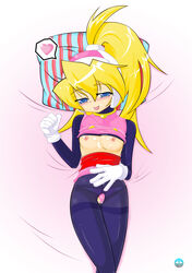 1girls blonde_hair blue_eyes breasts ciel_(mega_man) cum cum_on_body cum_on_breasts exposed_breasts female lying mega_man mega_man_zero naughty_face panties panty_slip pantyhose pink_panties ponytail pussy solo tied_hair tongue tongue_out torn_pantyhose