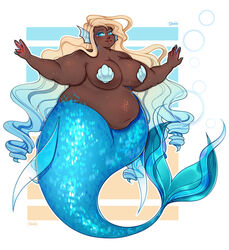 bbw big_breasts blonde_hair blue_eyes breasts cherbit chubby dark-skinned_female dark_skin female freckles mermaid multicolored_hair nail_polish original overweight smile solo solo_female