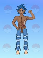 abs armpit_hair blue_hair clothes color human male male_only marlon_(pokemon) nude penis pokemon solo standing tagme testicles topless