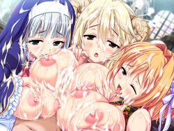 3girls agata_nono areolae blonde_hair blue_eyes blush breast_press breast_squeeze breast_sucking breasts brown_eyes censored clothing cum cum_on_breasts cum_on_clothes cum_on_hair cum_on_upper_body demon_girl facial female game_cg habit harem highres honoo_no_haramase_motto!_hatsuiku!_karada_sokutei_2 horns huge_breasts lactation large_breasts long_hair looking_at_viewer lying male multiple_females navel nipples nun nun's_habit open_mouth orange_hair paizuri paizuri_tower penis purple_eyes shaula_bernstein short_hair silver_hair straight sweat wince yuibi yulia_f_malberione