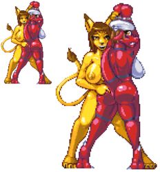 anthro ass barefoot breasts brown_hair casetermk color digimon digimon_tamers female female_only fur furry furry_breasts guilmon hair interspecies juri_katou leomon milf multiple_females nipples nude pixel_art raised_tail red_skin standing tail transparent_background white_skin yellow_fur yoshie_matsuki