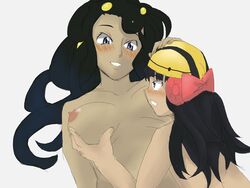 blush breasts color dahlia_(pokemon) dark-skinned_female female female_only frontier_brain human human_only multiple_females multiple_girls nintendo nipples nude pokemon pokemon_dppt protagonist_(pokemon) tagme tetuokuu3012 yuri