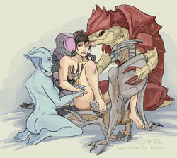 2boys 3girls alien alien_boy alien_girl asari barbalarga bisexual commander_shepard female femshep gangbang garrus_vakarian groping_from_behind handholding holding_hands interspecies krogan liara_t'soni looking_at_another male mass_effect multiple_boys multiple_girls quarian smile smiling_at_another straight tali'zorah_nar_rayya turian urdnot_wrex wholesome yaoi