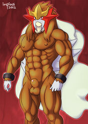 2012 abs anthro beige_fur bracelet brown_fur brown_hair closed_mouth color entei front_view fur furry hair impious male male_only muscles navel nipples nude open_eyes penis pokemon red_eyes solo standing testicles