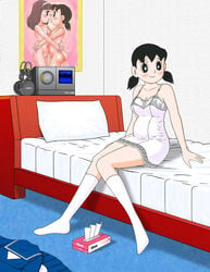 1girls artist_request bed black_eyes black_hair breasts doraemon female human indoors light-skinned_female light_skin pigtails poster pregnant shizuka_minamoto short_hair sitting socks tsubasa_ito