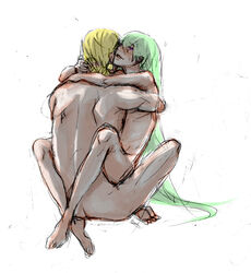 2boys androgynous enkidu_(fate) fate/grand_order fate/strange_fake fate_(series) gay gilgamesh_(fate) hugging long_hair male_only naked nude simple_background white_background yaoi