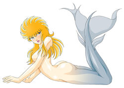 1girls ass blonde_hair blue_eyes breasts covering_nipples female female_only fish_girl fish_tail fringe_hair grey_tail jpg lipstick long_hair mariners mermaid mermaid_tail mermaid_thetis miguelarchangel monster_girl nude saint_seiya shounen_jump solo white_background