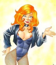 barry_blair black_canary blue_eyes breasts choker dc female fishnets green_arrow_(series) long_hair nipples orange_hair