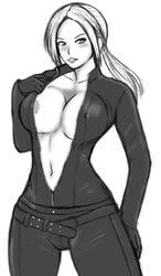 areola_slip areolae bodysuit breasts catsuit death_by_degrees erect_nipples female female_only human large_breasts lips long_hair mamo monochrome namco navel nina_williams ponytail solo tekken tekken_1 tekken_2 tekken_3 tekken_4 tekken_5_dark_resurrection tekken_tag_tournament tekken_tag_tournament_2 tekken_the_motion_picture tied_hair unzipped