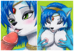 anthro black_nose blue_fur blue_hair blush breasts choker closed_eyes color female fox front_view fur furry furry_breasts furry_ears green_eyes hair krystal male nipples nude open_eyes pointy_ears short_hair star_fox vani-fox white_fur