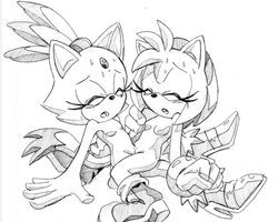 amy_rose anthro blaze_the_cat blush boots breasts cat feline female female_only furry furry_only gloves hedgehog monochrome multiple_females nude randomguy999 side_view simple_background sitting sonic_(series) traditional_media tribadism white_background yuri