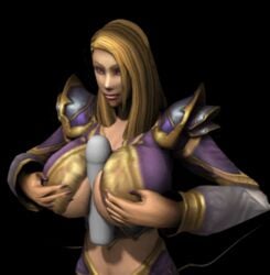 1girls 3d animated big_breasts big_penis blizzard_entertainment blonde blonde_hair bouncing_breasts clothed clothed_sex emotionless female grey_penis human jaina_proudmoore leman paizuri smile smiling standing_sex straight_face tagme world_of_warcraft