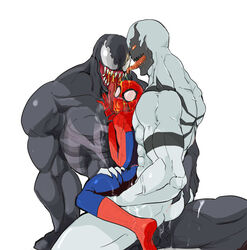 3boys anti-venom beefy big_dom_small_sub black_skin cocky daddy drooling embarrassed fraternity gay human humanoid interspecies interspecies_yaoi male male_only manly markings marvel mask multiple_boys multiple_doms muscular peter_parker sandwiched size_difference smooth_skin spider-man spider-man_(series) spreading suit venom_(marvel) white_skin yaoi