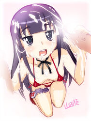 aoi_yamada bikini blue_eyes blush breasts censored cum cum_in_mouth cum_on_body cum_on_hair cum_on_tongue cum_on_upper_body facial female from_above handjob human long_hair male micro_bikini open_mouth penis purple_hair red_bikini ribbon straight swimsuit thigh_strap working!! yamada_aoi zero_hime