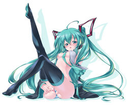 aqua_hair areolae blush breasts censored female hatsune_miku kuzuryuu_kennosuke leg_up long_hair necktie open_clothes open_mouth open_shirt panties panties_aside pussy shirt solo spread_pussy thighhighs tied_hair twintails underwear very_long_hair vocaloid