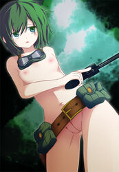 belt clothing eyewear female firearm green_hair handgun human kino kino_no_tabi mostly_nude revolver tactical_nudity tagme weapon