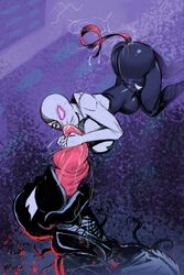 all_the_way_through ass blue_eyes breasts bubble_ass bubble_butt busty extreme_french_kiss female french_kiss french_kissing gwen_stacy hourglass_figure male marvel marvel_comics meinfischer open_mouth oral skin_tight spider-gwen spider-man_(series) symbiote tagme tongue tongue_kiss tongue_out venom venom's_kiss_(comic) venom_(marvel) wide_hips