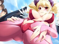 aojiru bb blonde_hair blush breasts cameltoe character_request cleavage cute hair hanamaru!_2 large_breasts multiple_males red_eyes smile succubus