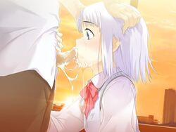 bow cum cum_in_mouth cumshot embarrassed facial fellatio game_cg haimura_kiyotaka hand_on_head oral penis public school_uniform shiraki_aeka shock short_hair surprised uncensored white_hair yume_miru_kusuri