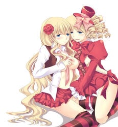 07th_expansion 2girls beatrice_(umineko) blonde_hair blue_eyes bow breasts drill_hair female female_only gaap hat jacket lolita_fashion long_hair mini_top_hat multiple_females multiple_girls murasakigo necktie nipples panties panties_around_leg panties_around_one_leg ribbon skirt striped striped_legwear striped_thighhighs thighhighs top_hat umineko_no_naku_koro_ni underwear yuri zettai_ryouiki