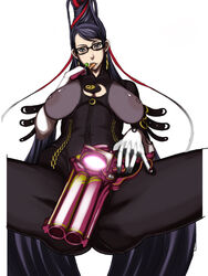 bayonetta bayonetta_(character) beauty_mark big_breasts black_hair blue_eyes bodysuit breasts candy chains earrings female glasses gun hair_bun jewelry large_breasts lollipop long_hair looking_down mole nipples red_ribbon ribbon sega solo spread_legs tongue very_long_hair weapon yukiguni_eringi