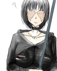 ? aflo_aikawa black_hair choker demon's_souls female fromsoftware jewelry maiden_in_black necklace nipple_slip nipples pointy_chin short_hair solo staff