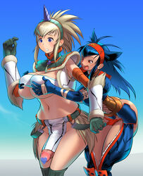 1futa 1girls animal_ear blonde_hair blue_eyes blue_hair blush bottomless_loincloth breast_grab breasts cameltail capcom censored cleavage cosine dickgirl erection erection_under_clothes erection_under_loincloth exposed exposed_penis female female_on_futa fundoshi futanari gloves hairband horns huge_breasts ineffective_clothing ineffective_loincloth intersex kirin_(armor) loincloth loincloth_lift monster_hunter nargacuga_(armor) penis penis_bulge penis_under_clothes penis_under_loincloth pointless_censoring red_eyes wide_hips