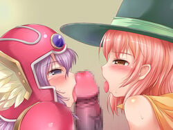 blush censored dragon_quest dragon_quest_iii heart_dorobow highres mage_(dq3) oral_sex soldier_(dq3) threesome