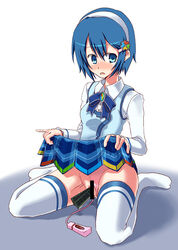 1girls 7-tan blue_eyes blue_hair blush censored clothed clothing female female_only hairband jpg kneeling looking_away madobe_nanami microsoft microsoft_windows no_panties os-tan osaru+1 panties plaid pussy short_hair skirt skirt_lift solo stockings tartan thighhighs underwear vibrator vibrator_cord white_background windows_7