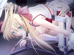 ail_soft akehime_saki blonde_hair blood bondage breasts censored clothing gangbang green_eyes group_sex hairjob jump_rope kyouhaku_2 nipples rape ribahara_aki sex source_request tied_hair twintails virgin