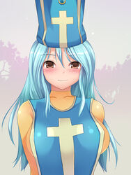 blue_hair blush brown_eyes clothing dragon_quest dragon_quest_iii hat heart_dorobow highres latex medium_breasts priest_(dq3) smile