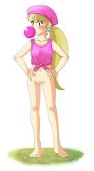 alternate_species barefoot beret blonde_hair bottomless bubble_gum dixie_kong donkey_kong_(series) donkey_kong_country earrings feet green_eyes hat human nintendo outside oyatsu personification ponytail pussy solo tank_top tied_hair tied_shirt toes