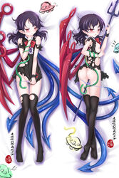 bed black_hair black_legwear black_thighhighs dakimakura eatbara lying nue_houjuu pointy_ears polearm pussy red_eyes short_hair snake thighhighs torn_clothes touhou ufo weapon wings