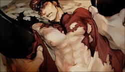 2boys abs black_hair boots capcom clothes cum cum_on_face footwear hair hat hideaki leg_grab leg_lift m_bison male male_nipples missionary_position muscles navel no_pupils open_mouth pecs solo_focus straight_hair street_fighter torn_clothes white_eyes yaoi