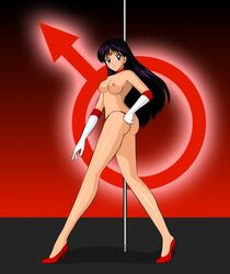 areola ass bishoujo_senshi_sailor_moon breasts choker elbow_gloves erect_nipples female female_only gloves high_heels human mars_symbol nipples panties planet_symbol pole pose rei_hino s2x sailor_mars small_breasts smile smooth_skin solo stripper stripper_pole thong tiara