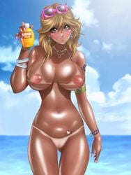 1girls blonde_hair blush breasts censored dark-skinned_female dark_skin female female_only gyaru hair huge_breasts large_breasts loer mario_(series) nintendo nude princess_peach pussy smile solo source_request straight_hair super_mario_bros. tan tanline tanned