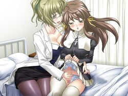 bed blonde_hair blush bow breasts brown_eyes brown_hair censored cleavage futanari futanari_kanon-chan game_cg glasses handjob intersex kawahara_maya_(futanari_kanon-chan) lipstick nurse open_mouth shinonome_kanon