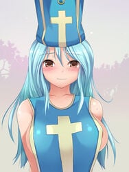 blue_hair blush brown_eyes clothing dragon_quest dragon_quest_iii hat heart_dorobow highres medium_breasts naked_apron priest_(dq3) shy_expression smile