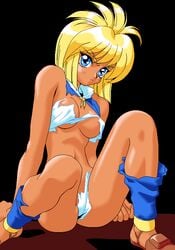 4bpp 90s blue_eyes chime_(company) dark_skin dithering game_cg navel panties pc98 pixel_art princess_quest_mahjongg_sword torn_clothing