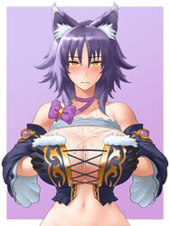 absurdres after_paizuri animal_ears bangs bare_shoulders black_gloves blush bow breasts center_opening cleavage closed_mouth collarbone cross-laced_clothes cum cum_on_body cum_on_breasts detached_sleeves female gloves highres large_breasts looking_at_viewer makoto_(princess_connect!) medium_hair navel princess_connect! princess_connect!_re:dive purple_hair shou_illust sidelocks straight wolf_ears wolf_girl yellow_eyes